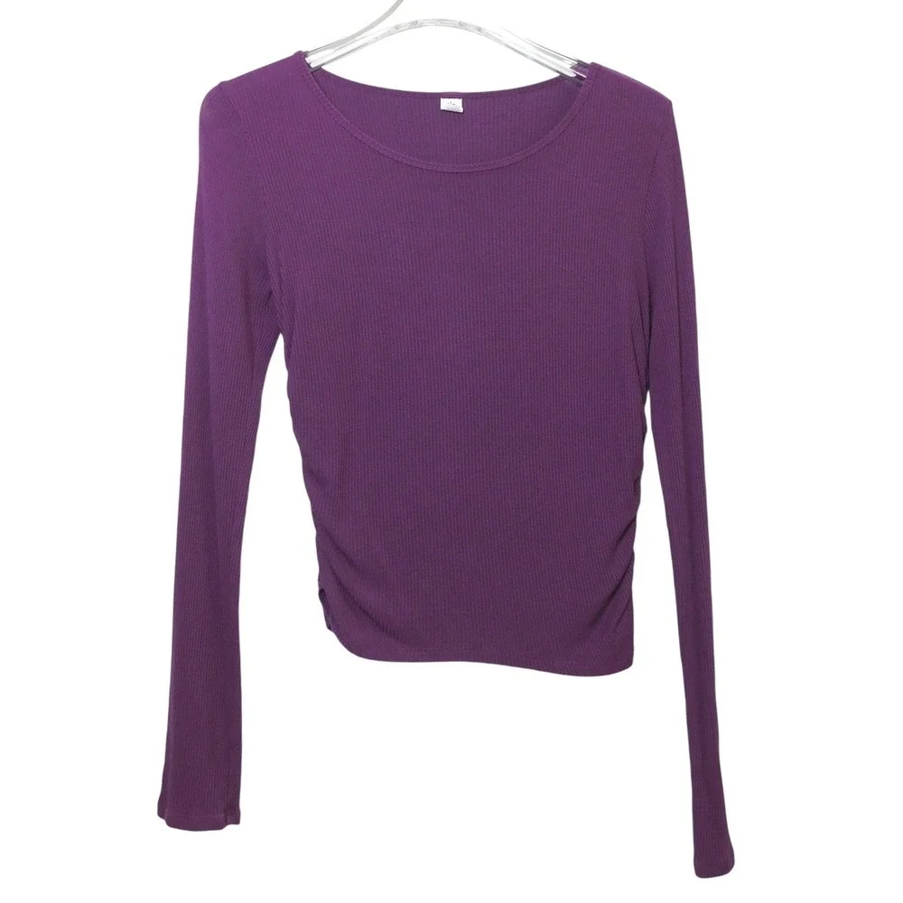 Alo Yoga Gather Long Sleeve Top Dark Plum Purple Ribbed‎ Ruched Size Large